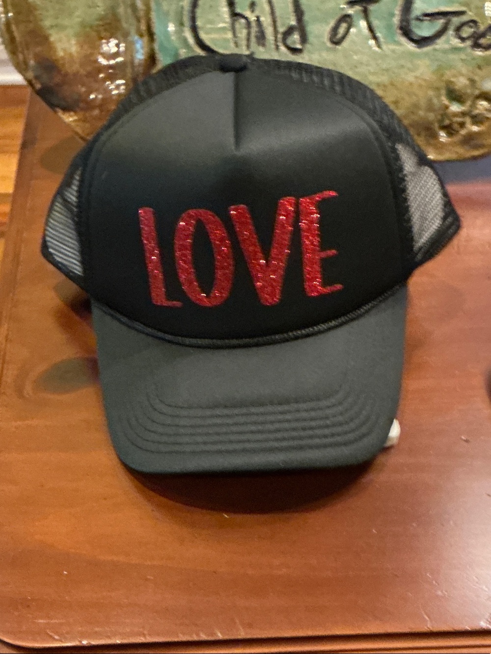 STARTER Black Trucker Hat with Red "LOVE" Glitter